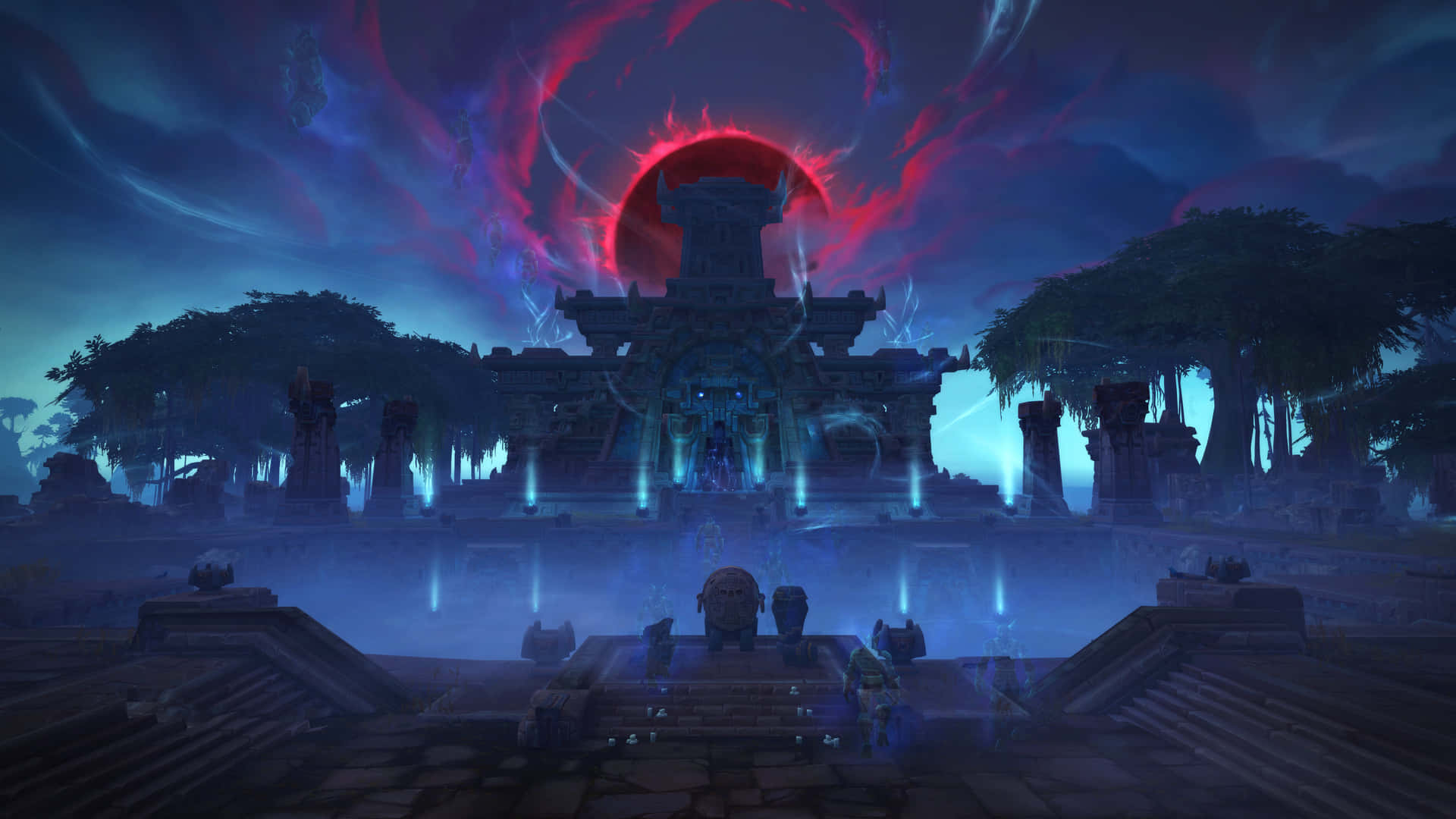 亡靈之城任務 Wow 4K 壁紙 — 古代寺廟遺跡在旋轉的紅色和紫色天空下，伴隨著巨大的紅色太陽，發出藍色光芒。