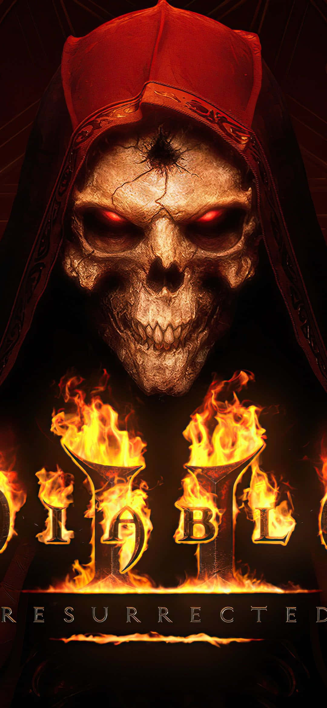 「亡靈崛起：釋放你的力量，掌控世界」——《Diablo 2 Resurrected》 壁紙 — 一個戴著紅色兜帽的可怕骷髏，用火紅的眼睛瞪著燃燒的字母，拼出 diablo