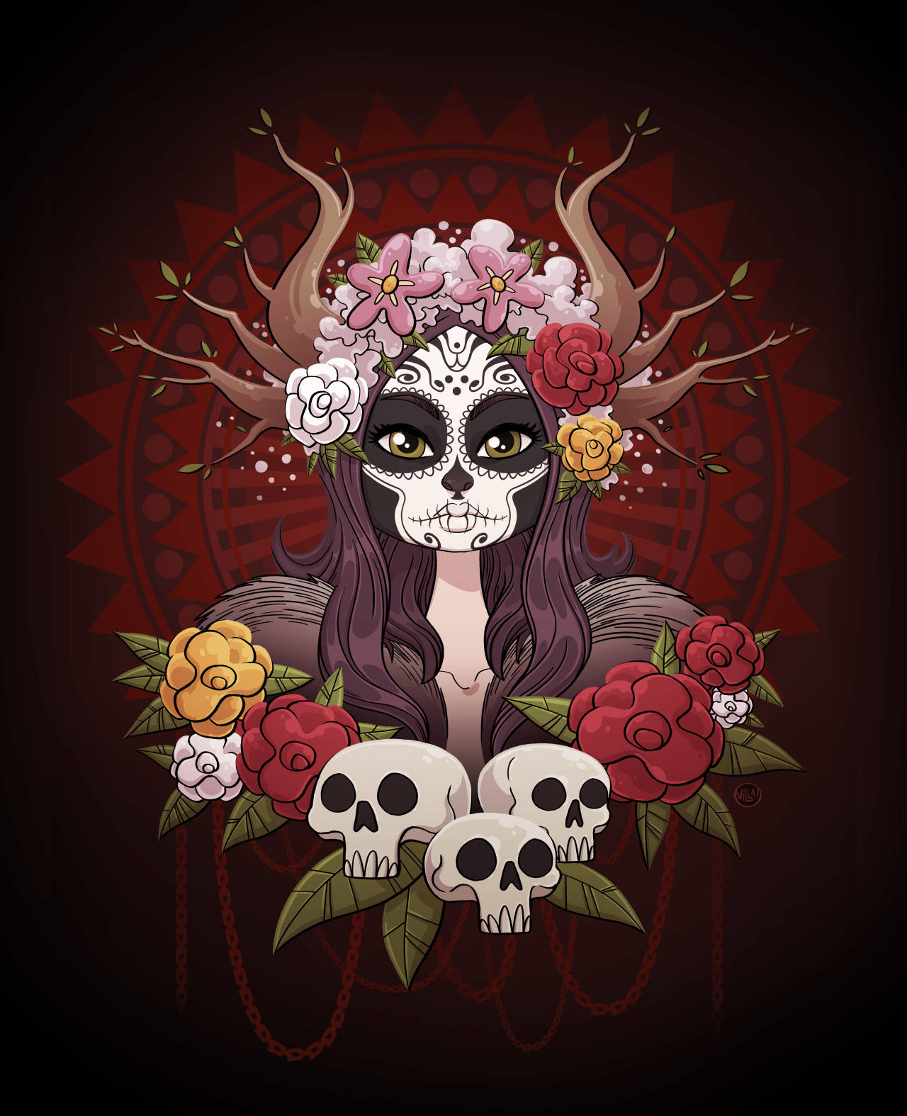 糖骷髏女人，帶有花冠和骷髏，被玫瑰包圍。