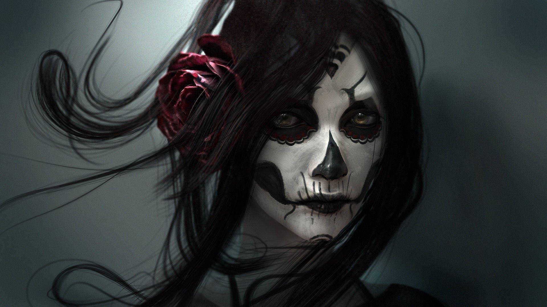 畫著糖骷髏妝，深色頭髮上插著紅玫瑰的女士