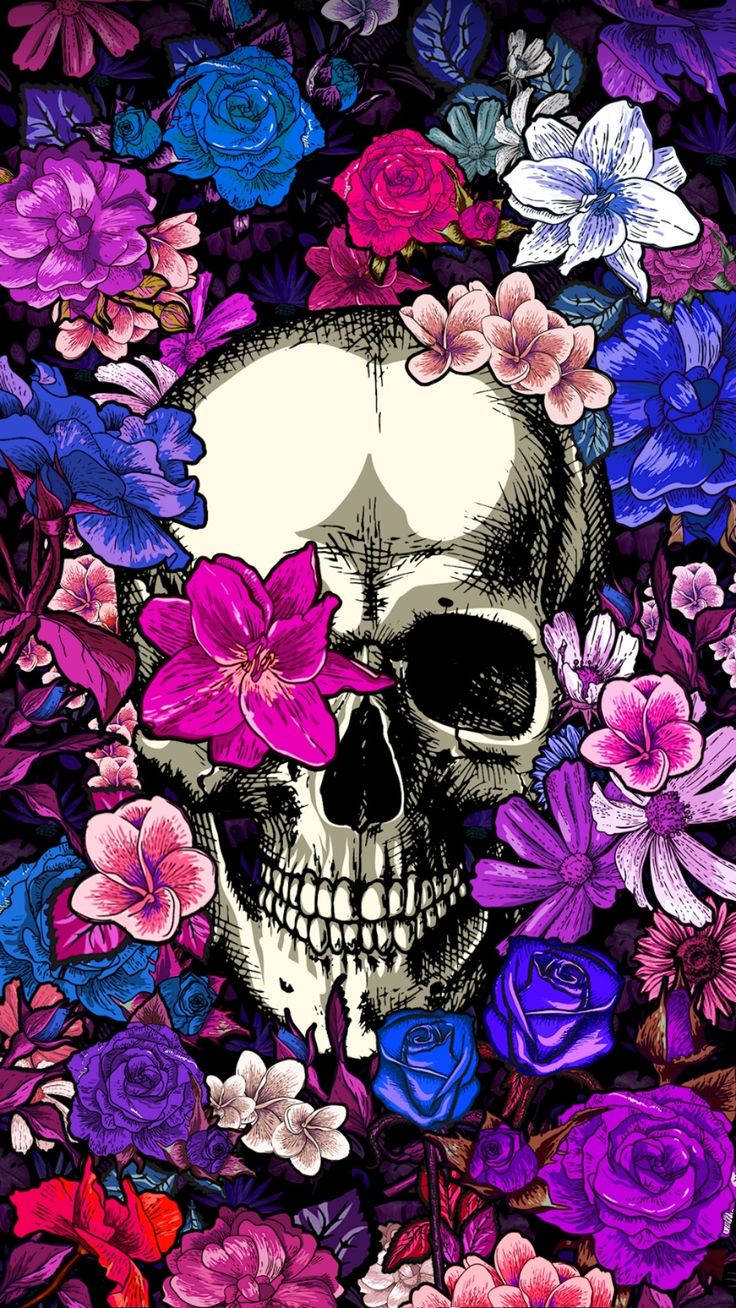 頭骨被色彩繽紛的花朵環繞的圖形插圖。