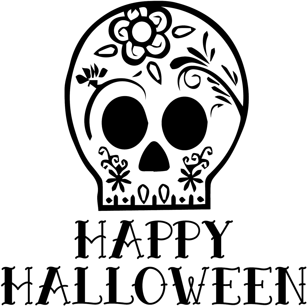 亡靈節骷髏 壁紙 — 白色線條藝術糖骷髏，帶有花卉裝飾和「HAPPY HALLOWEEN」文字，背景為黑色。