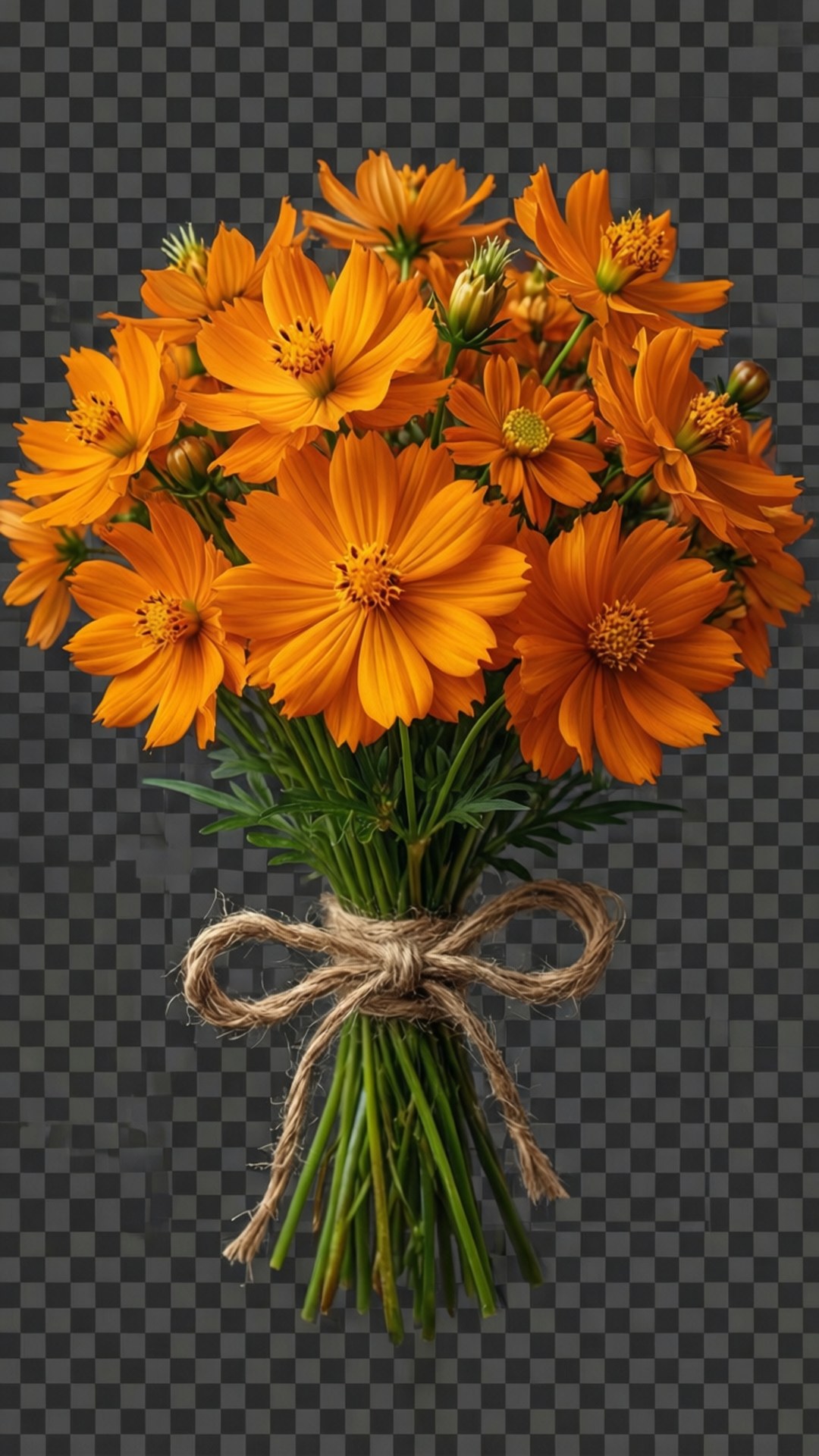 亡靈花花束 PNG 壁紙 — 一束鮮豔的橙色宇宙花，用質樸的麻繩綁著，背景是透明的格子圖案。