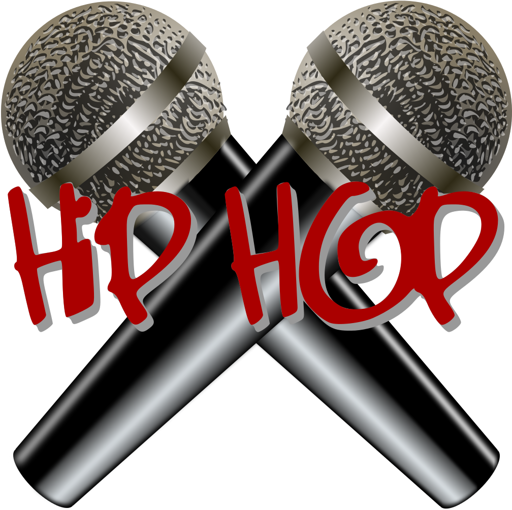 交叉嘻哈麥克風 壁紙 — 兩個交叉的復古麥克風，黑色背景上有紅色「HIP HOP」文字。