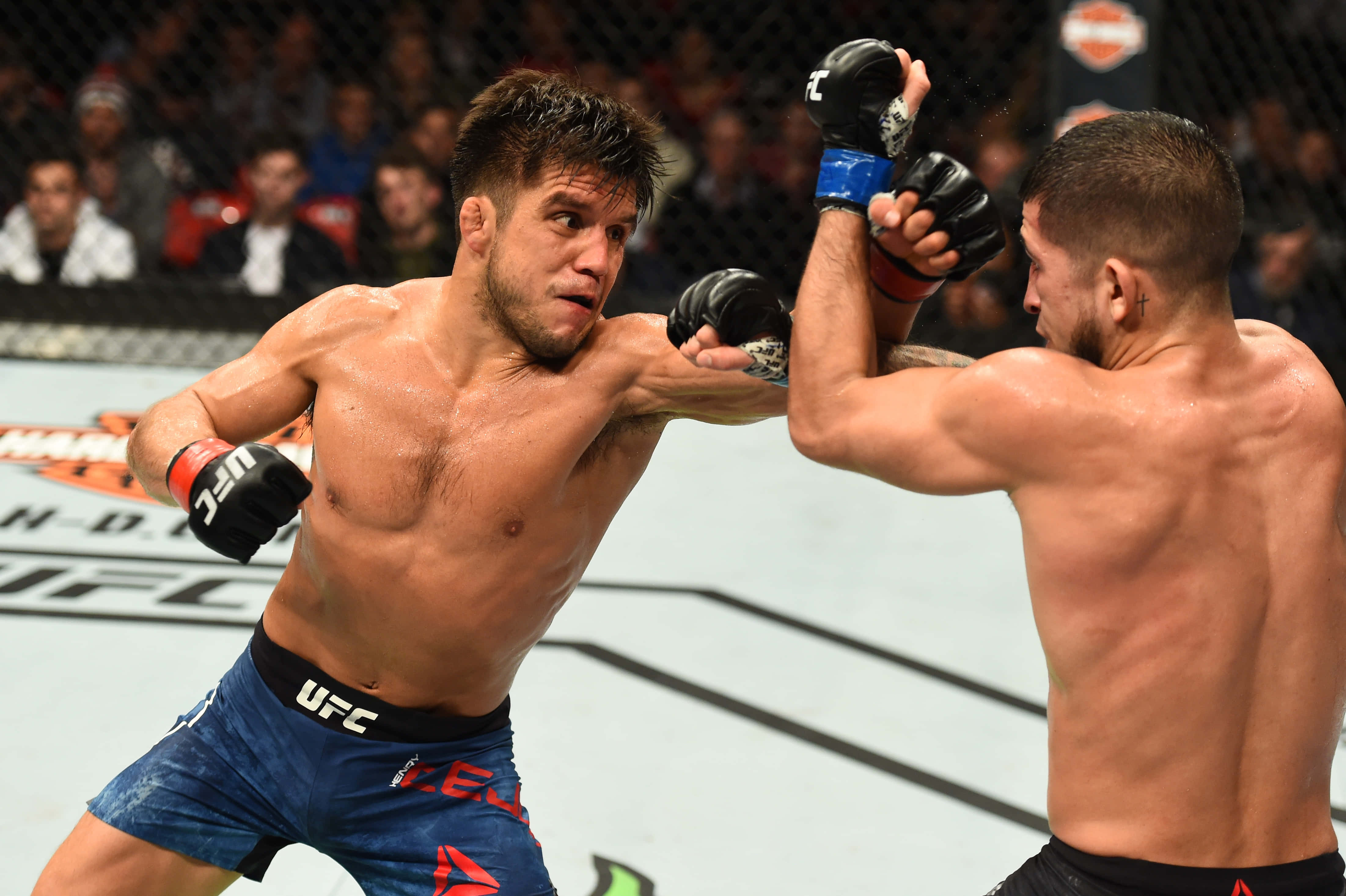 亨利·塞胡多對決塞爾吉奧·佩蒂斯 UFC 218 壁紙 — 兩名MMA拳手在一場高強度的UFC比賽中激烈交鋒，汗水飛濺，觀眾專注觀看。