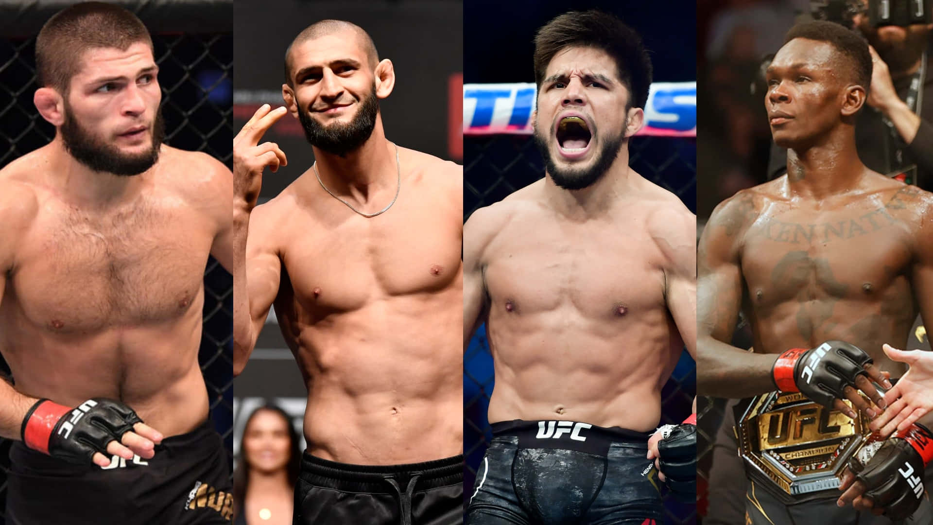 亨利·塞胡多與多位綜合格鬥選手合照 壁紙 — 四位肌肉發達的UFC拳手身穿八角籠裝備，展現出強烈的表情和冠軍自豪感。