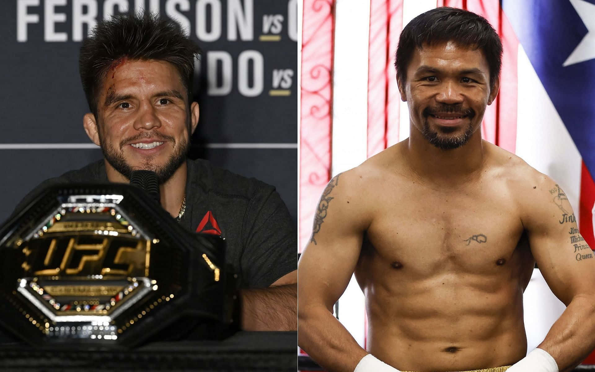 亨利·塞胡多與曼尼·帕奎奧合照 壁紙 — 兩名男性拳手並排擺姿勢，一人手持UFC冠軍腰帶，另一人赤裸上身，有紋身並戴著拳擊手套。