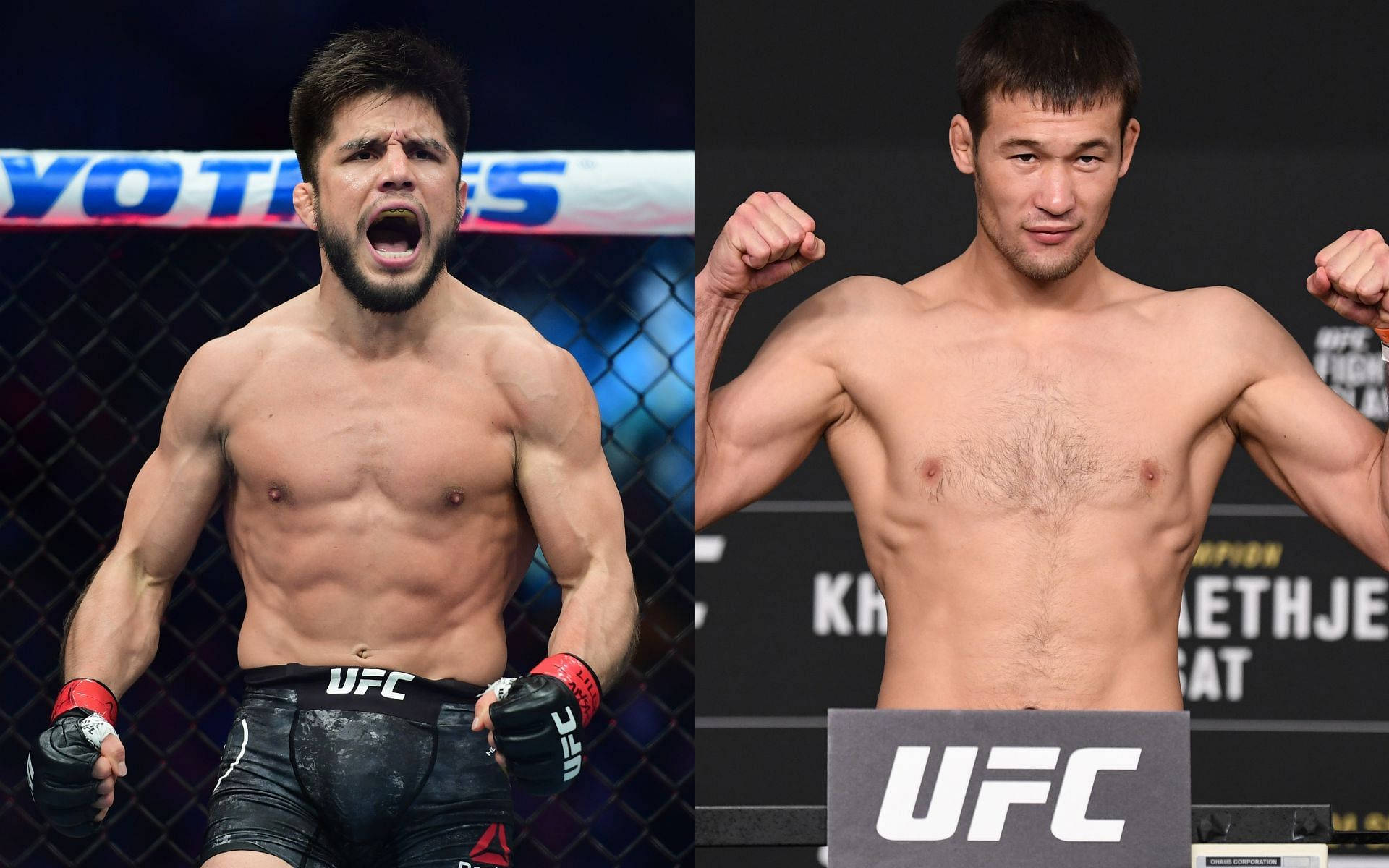 兩名赤裸上身的男性MMA拳手擺姿勢，一人在八角籠中咆哮，另一人在稱重時展示肌肉。