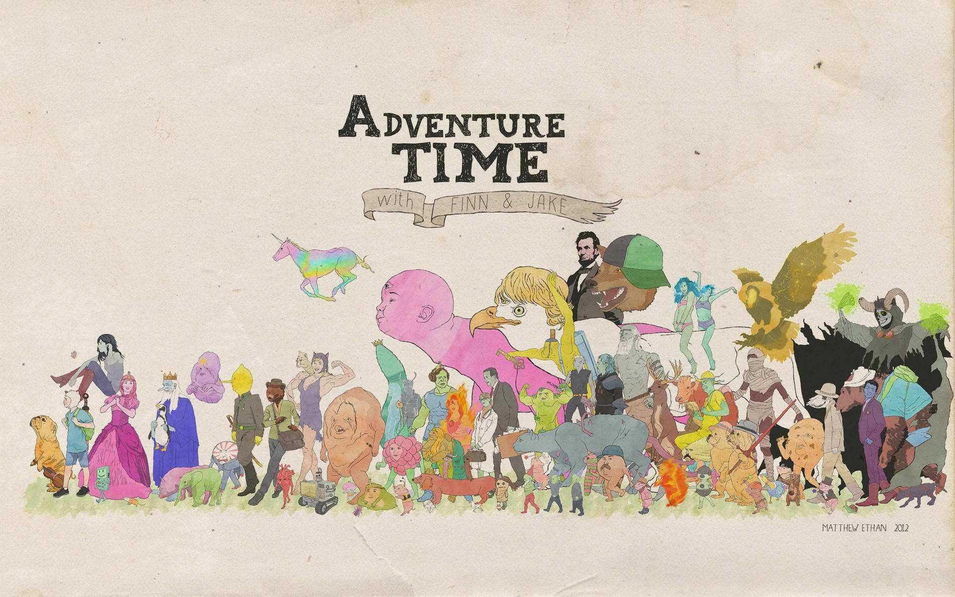 享受《Adventure Time》的明媚陽光 壁紙 — 在帶有紋理的米色背景上，生動插圖展示了探險活寶角色陣容，包括芬恩、傑克和一隻彩虹獨角獸。