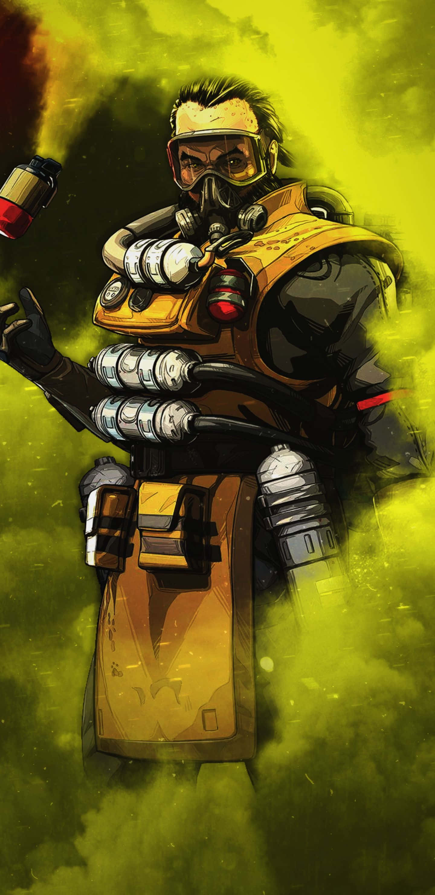 享受 Apex Legends 的刺激戰鬥，使用 Pixel 3XL 壁紙 — 一名身穿黃色戰術裝備和防毒面具的重武裝士兵，站在有毒的綠色煙霧中，手持手榴彈。