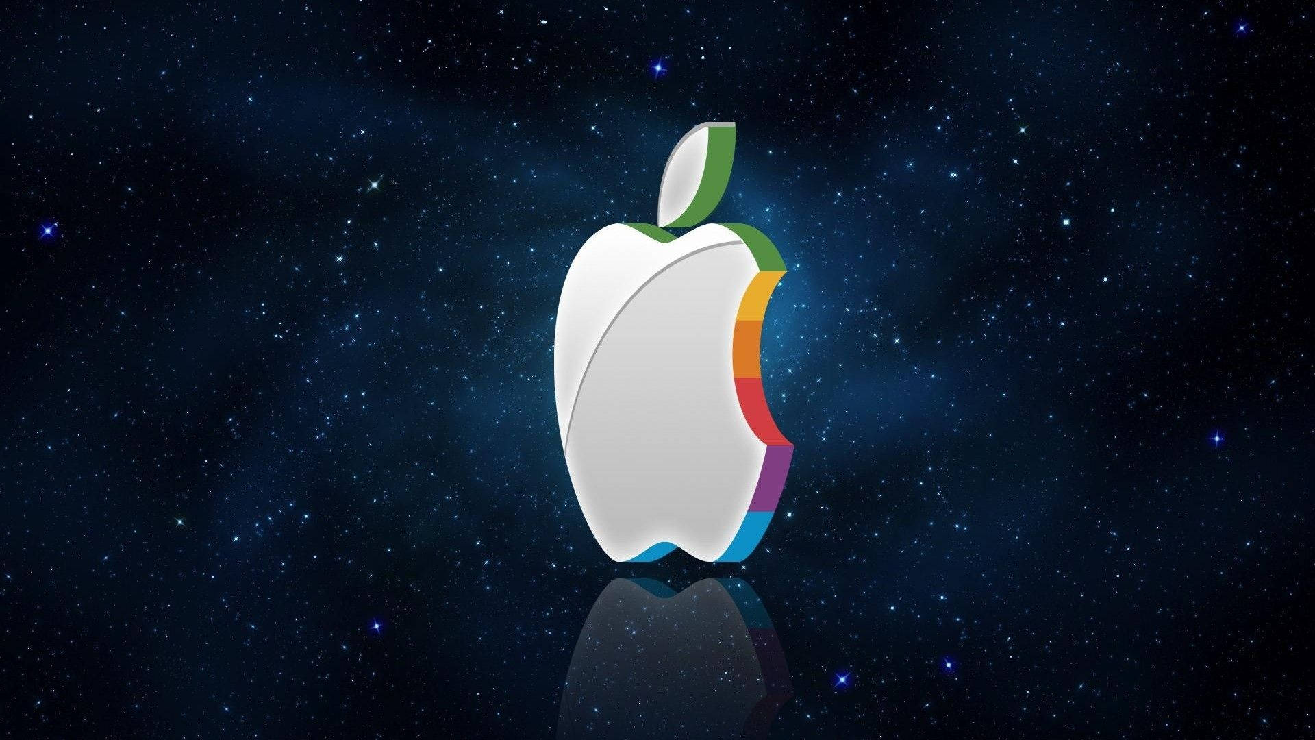 帶有彩虹咬痕的Apple標誌在星空中漂浮，帶有反射。