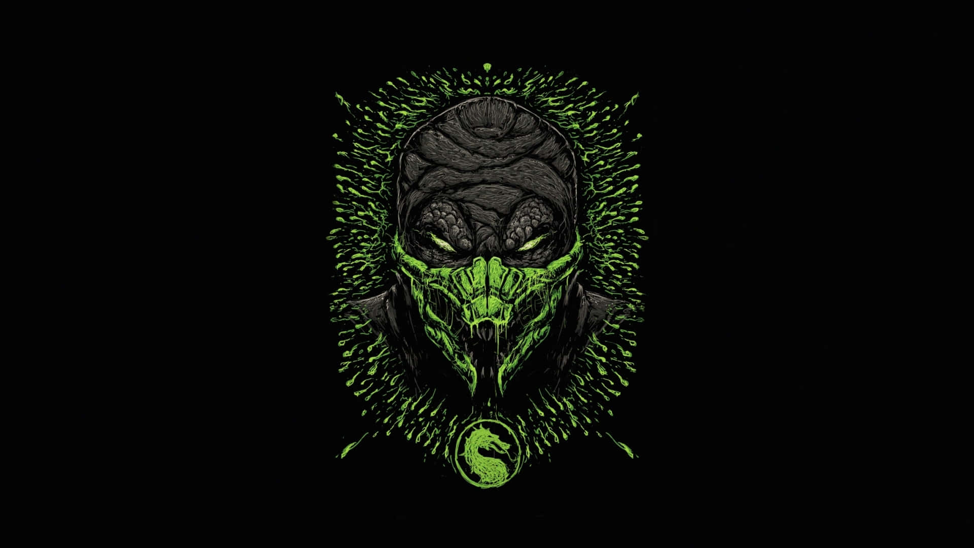 戴綠色面具的Mortal Kombat角色，眼睛發光，帶有飛濺設計。