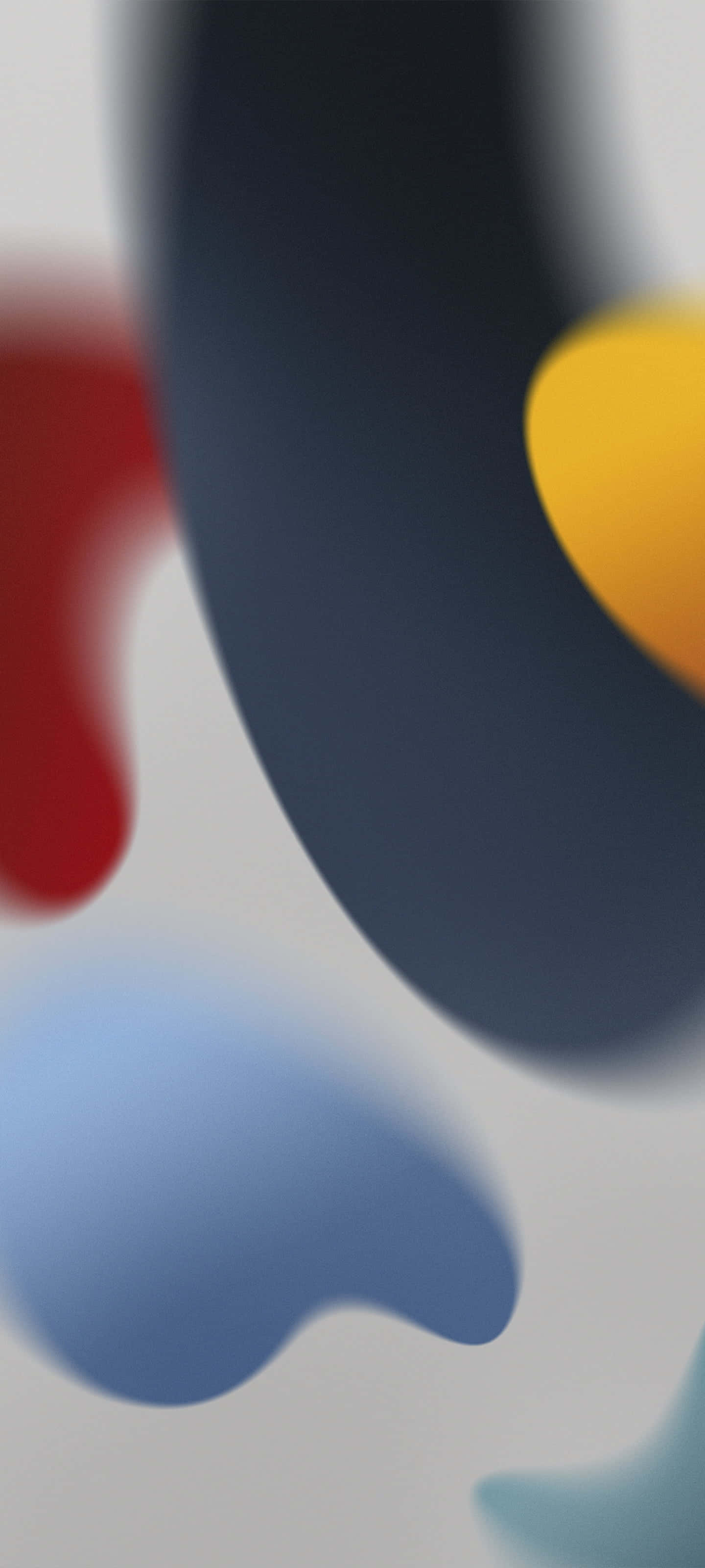 享受 iOS 14 的全新迷人背景 壁紙 — 大膽的紅色、藍色、黃色和灰色的柔和模糊抽象形狀漂浮在淺色背景上。