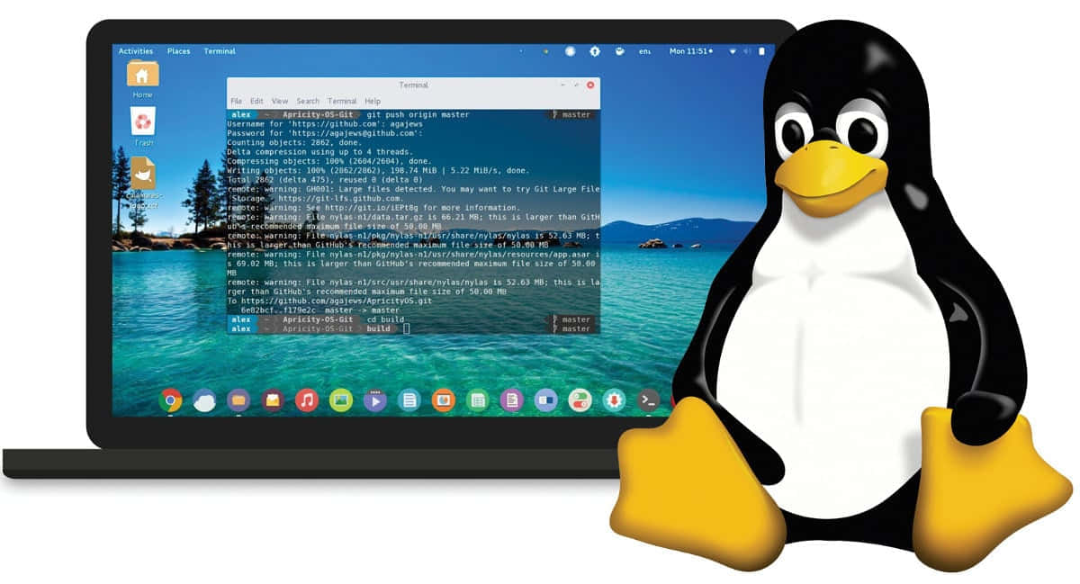 Linux企鵝吉祥物在筆記型電腦旁邊，顯示終端機指令。