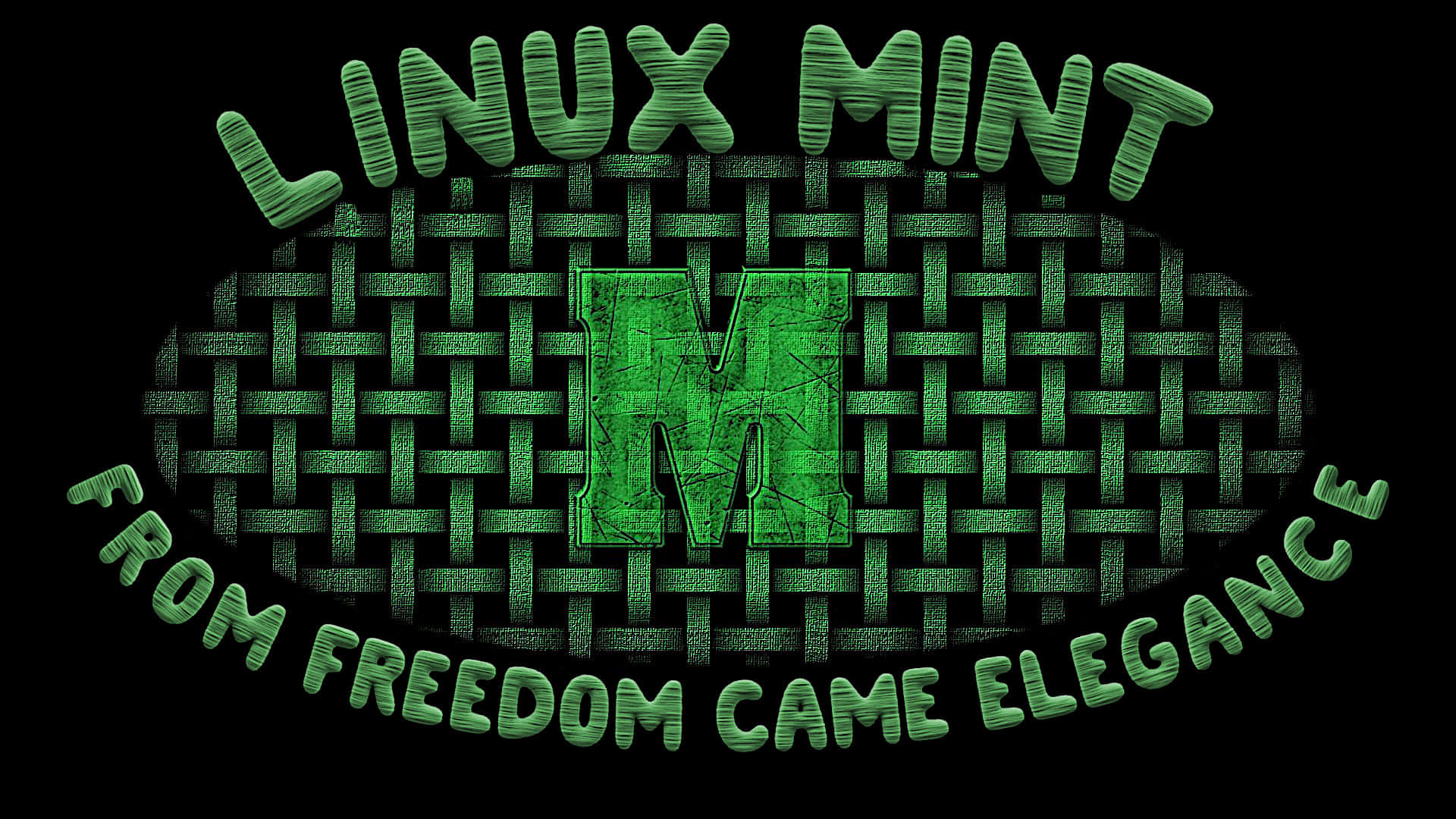 帶有編織綠色紋理和標語「從自由中誕生優雅」的 Linux Mint 標誌。