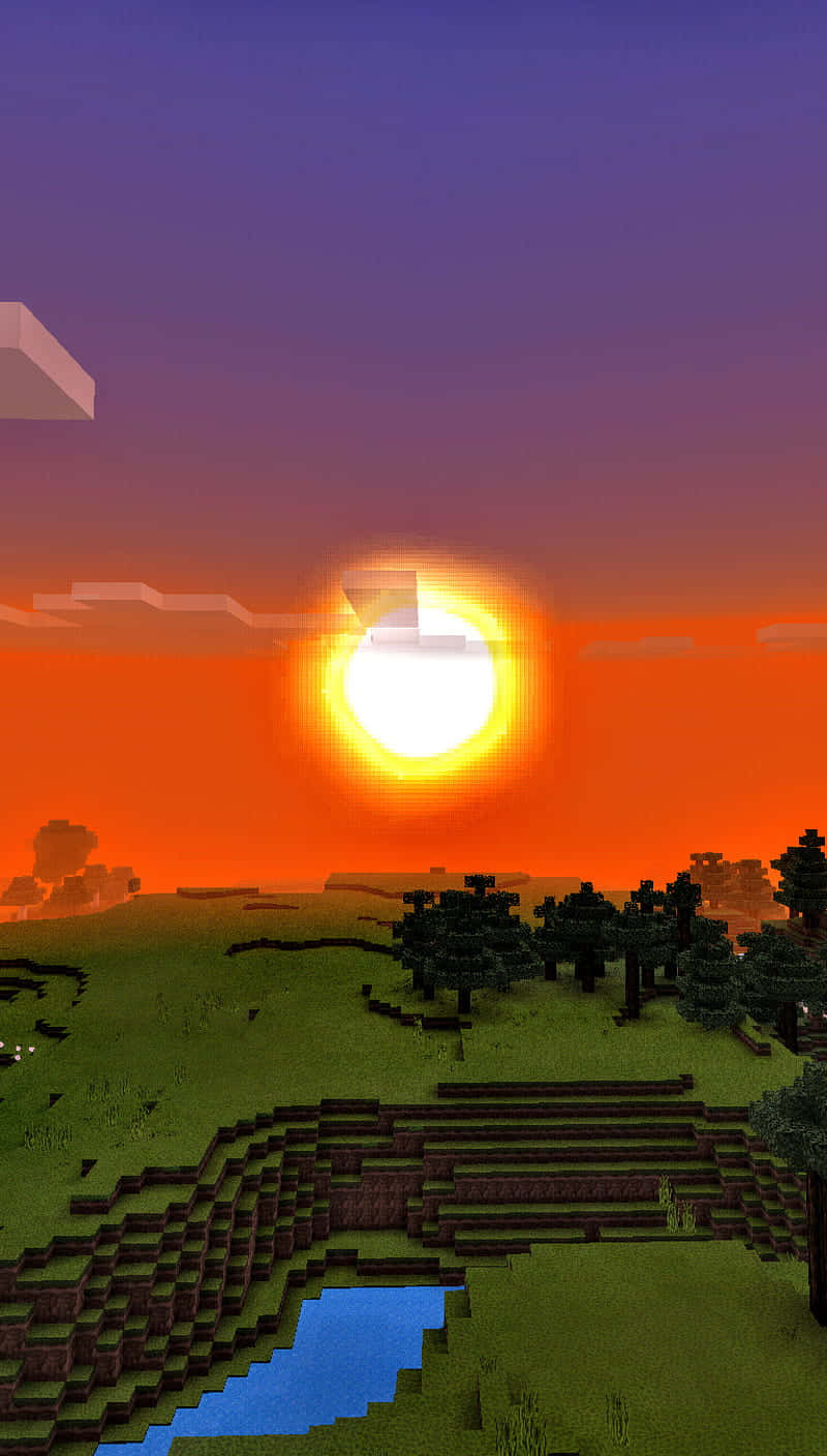 像素化Minecraft日落景觀，包含太陽、河流和樹木