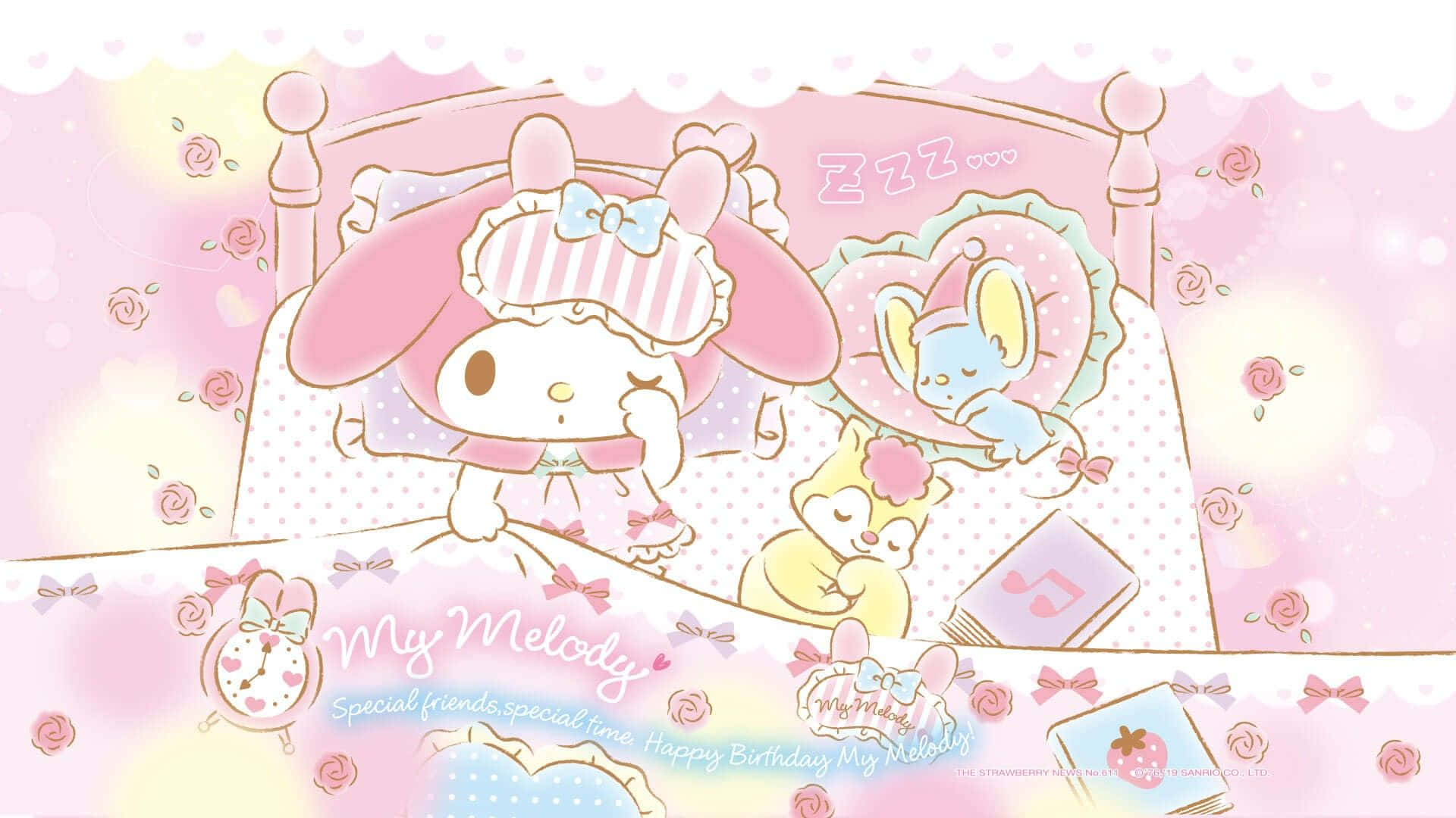 My Melody 同朋友喺一個粉紅色、充滿玫瑰嘅睡房入面瞓覺。