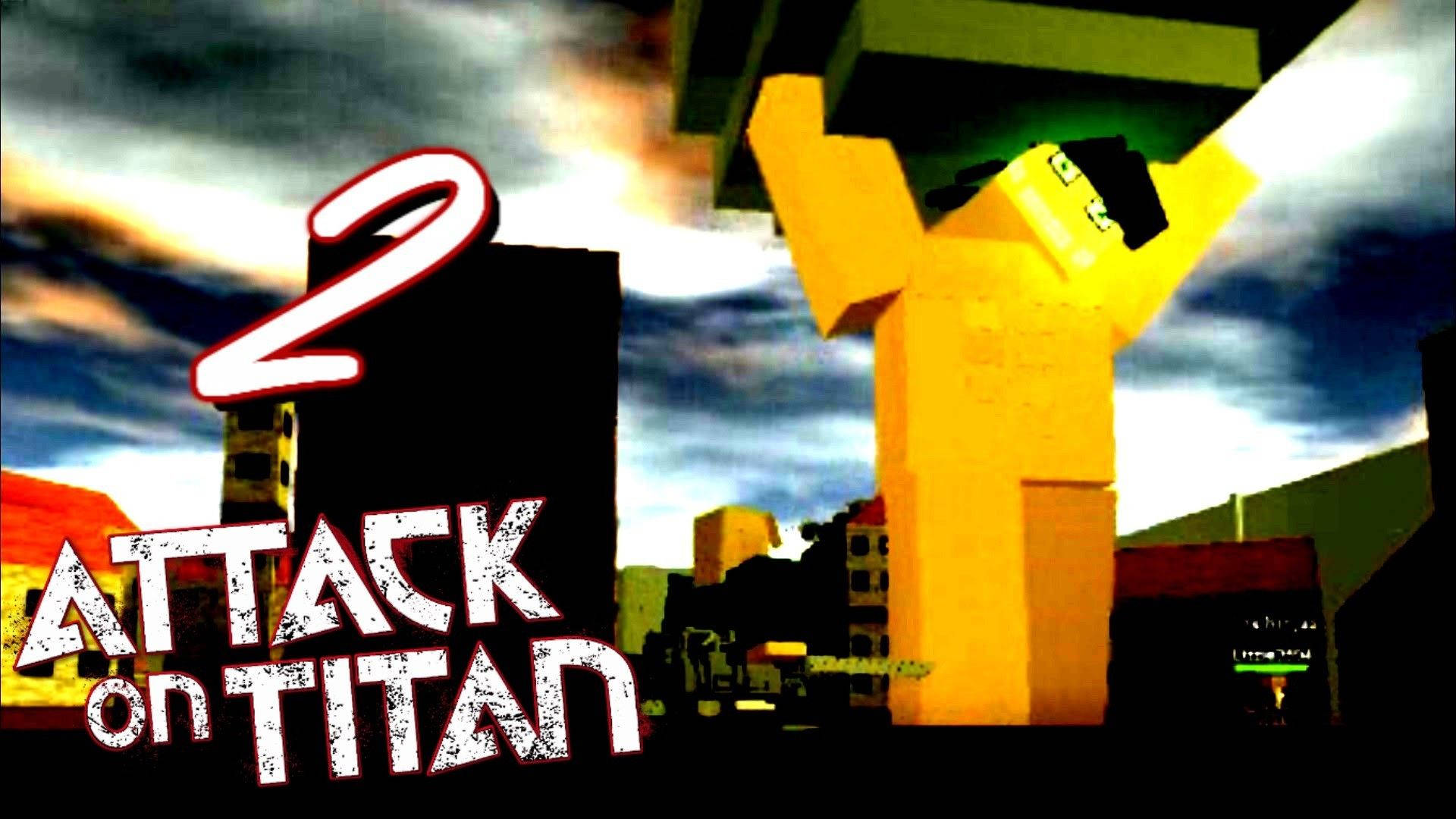 一個巨大的黃色巨人站在塊狀城市之上，帶有 'Attack on Titan 2' 文字。