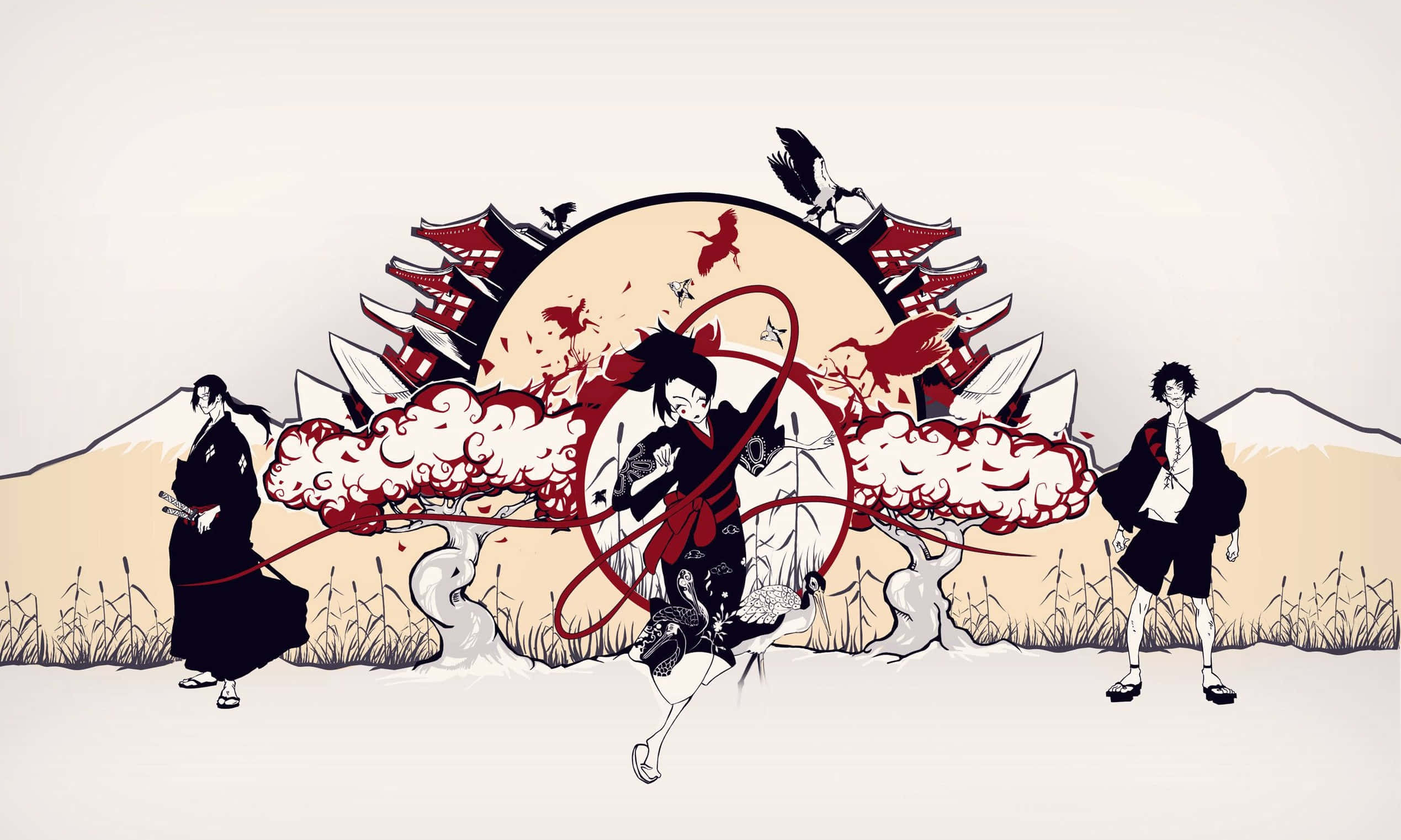 享受《Samurai Champloo》中的武士戰鬥 壁紙 — 三名武士戰士在風格化的太陽、紅色能量爆發和傳統日本建築背景下戲劇性地衝突。