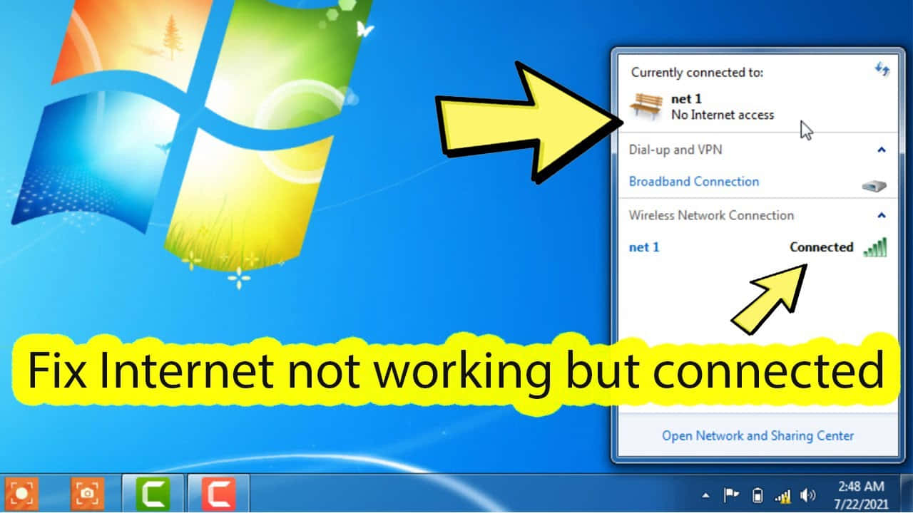 Windows 7 畫面顯示互聯網連接錯誤，黃色箭頭突出問題。