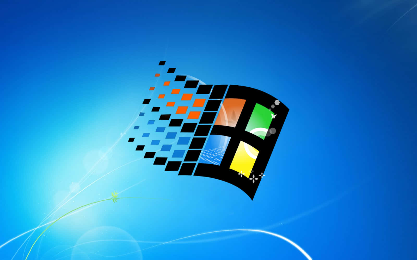 享受 Windows 95 的美學 壁紙 — Windows 標誌，帶有彩色窗格和像素化軌跡，背景為充滿活力的藍色漸變和光線條紋。