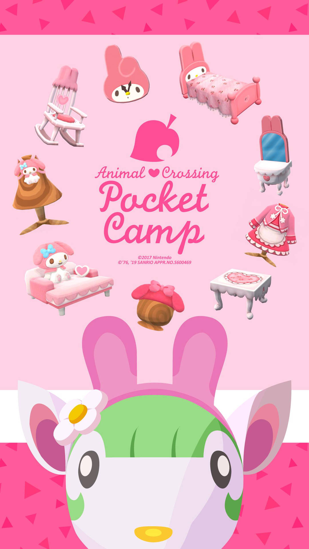 My Melody主題的Animal Crossing Pocket Camp家具和角色在粉紅色背景上。
