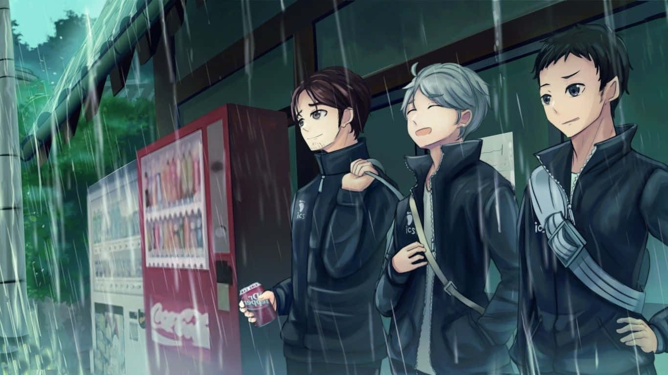 三個動畫男孩在雨中，旁邊是一部紅色的自動售賣機。