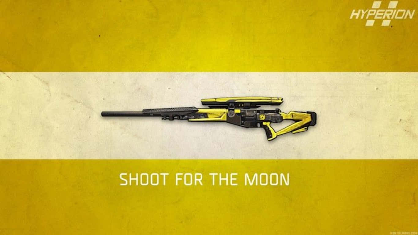 黃黑狙擊步槍，條紋背景上寫有「shoot for the moon」文字。