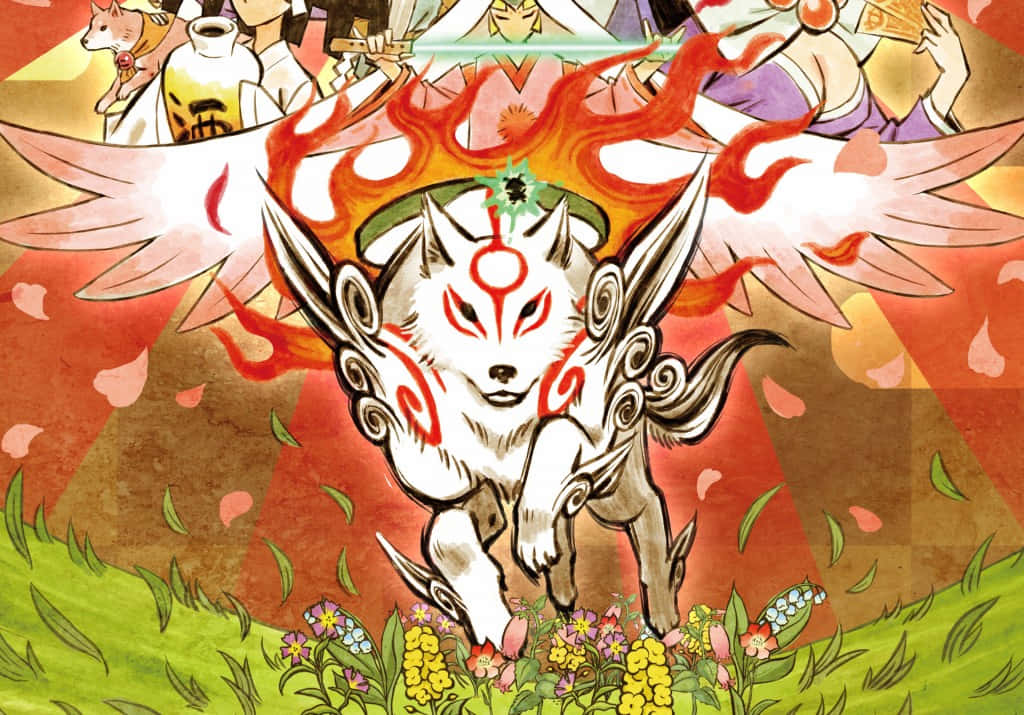 神話中帶有紅色斑紋和翅膀的白狐，在火紅的天空下跳過一片花田。