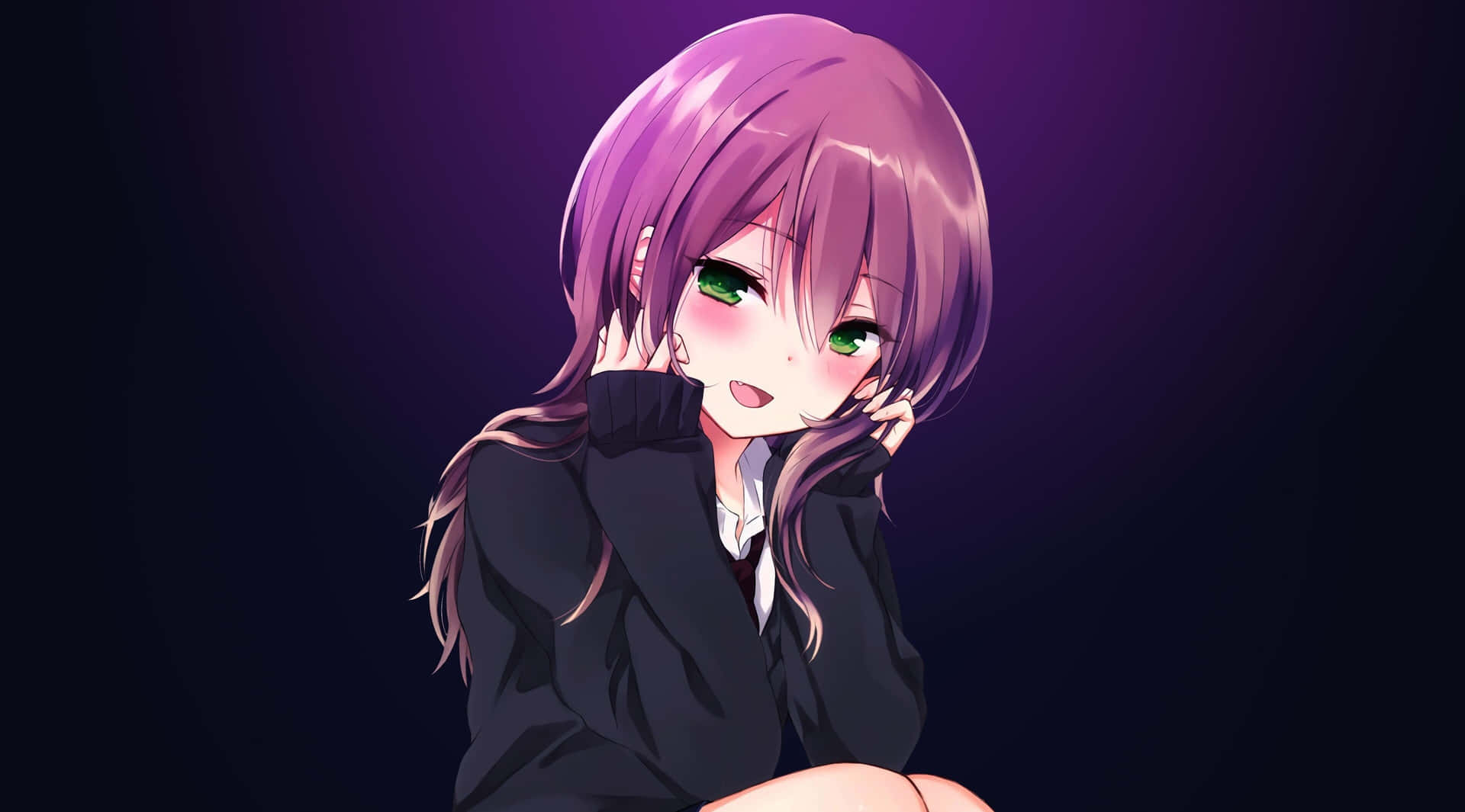 動漫女孩，紫色頭髮和綠色眼睛，在深紫色背景中微笑。
