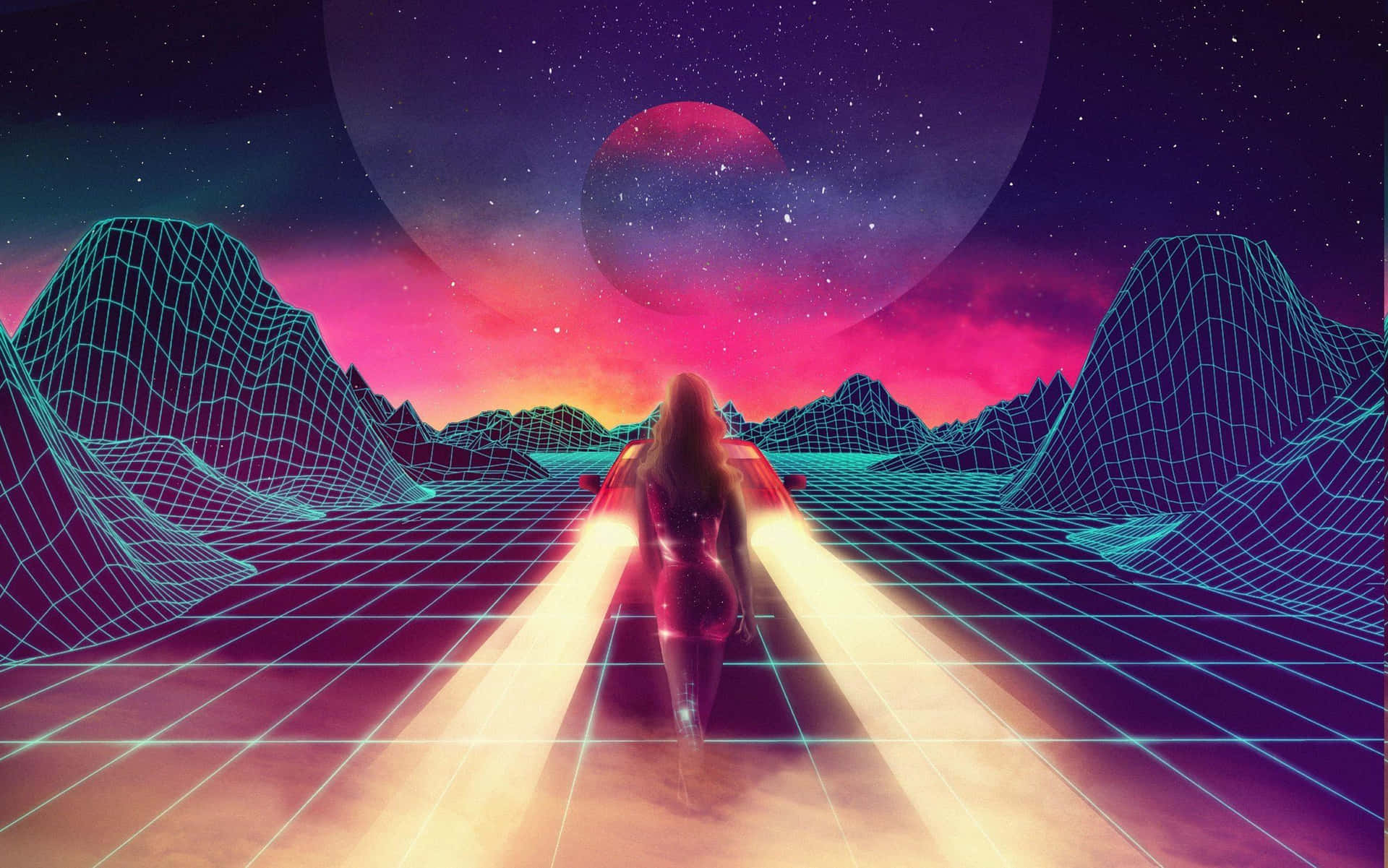 一個人在發光的網格上走向山脈，天空中有星星和一顆紅色行星。