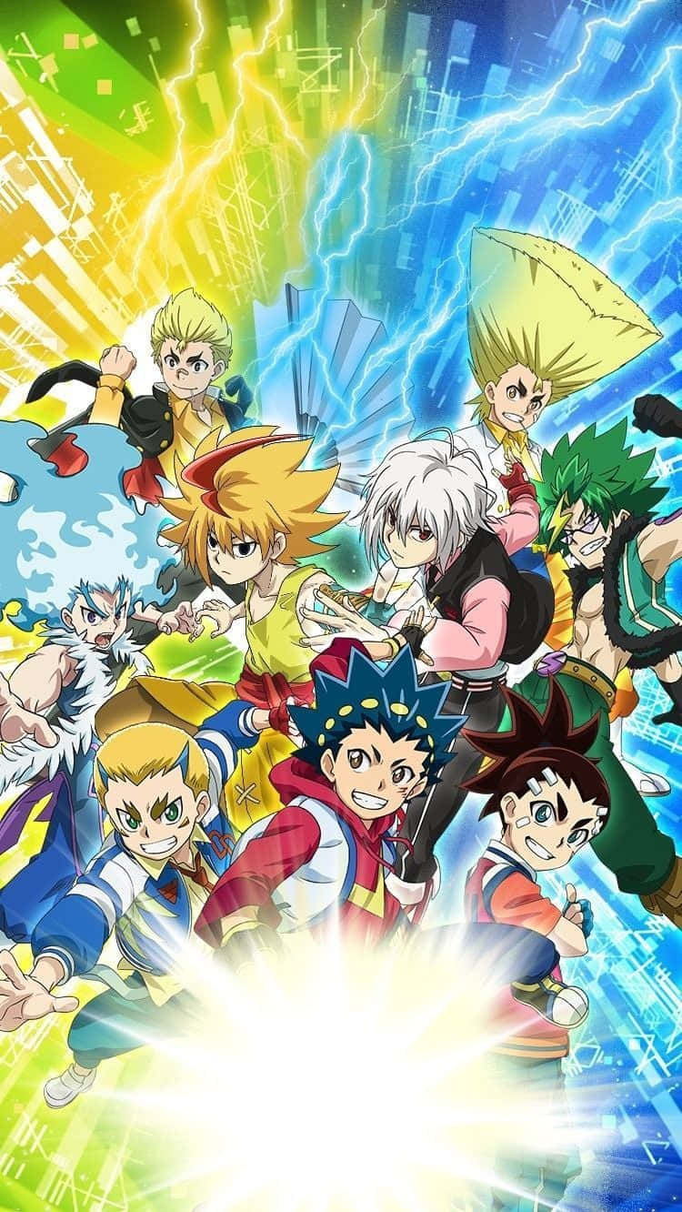 享受Beyblade Burst的刺激 壁紙 — 充滿活力的動漫角色在充滿閃電的鮮黃色和藍色數碼背景上向前衝刺。
