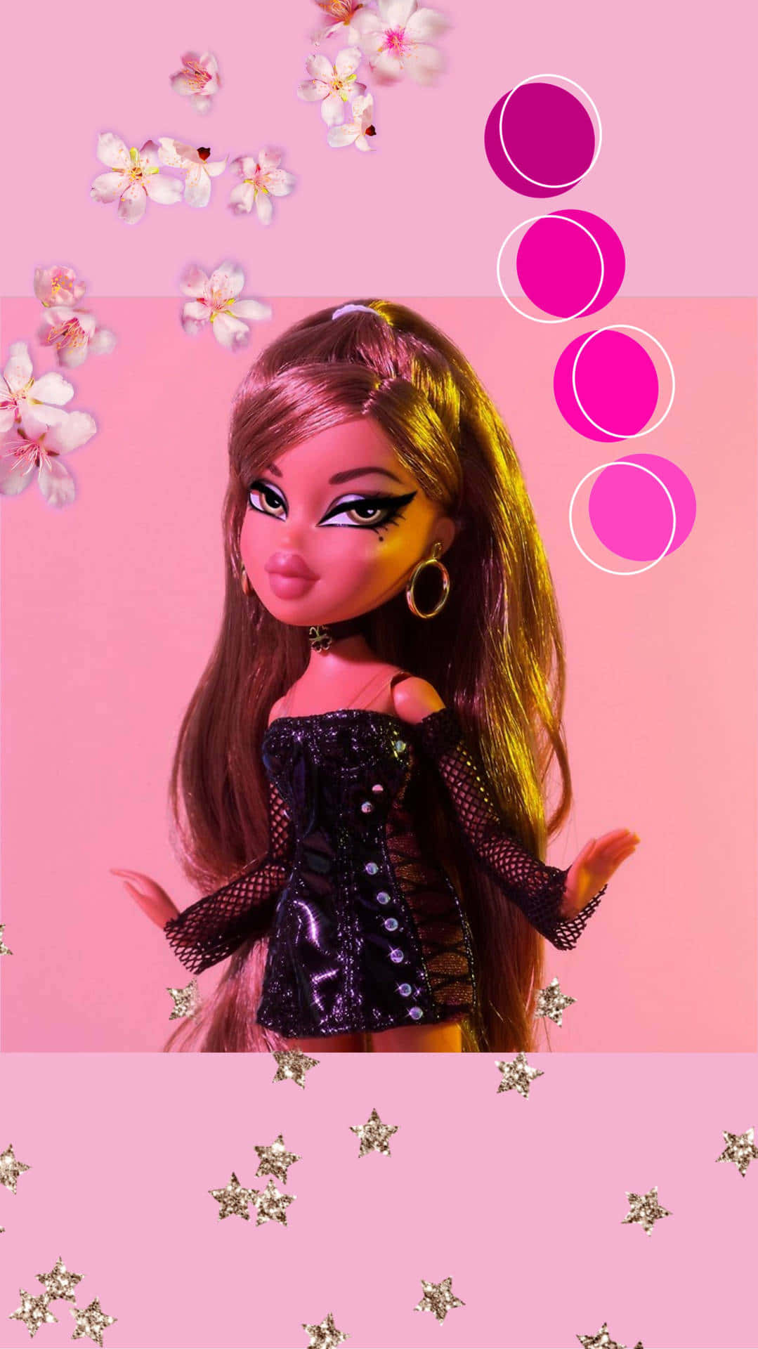 Bratz 娃娃穿著閃亮服裝，在粉紅色背景上被櫻花和星星環繞。