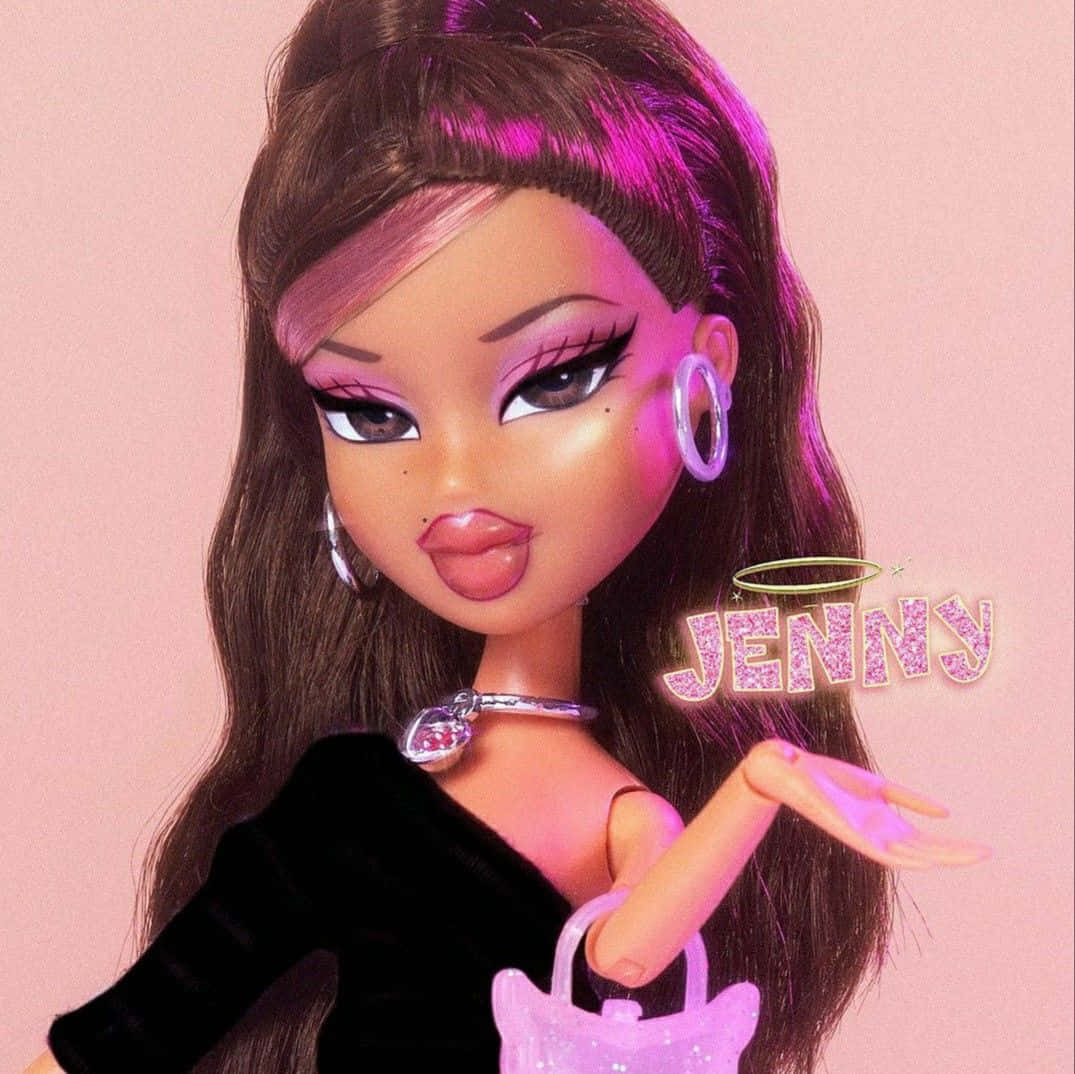 Bratz娃娃Jenny，帶有粉紅色頭髮挑染和閃亮配飾，伸出舌頭擺姿勢。 — Bratz風格 壁紙