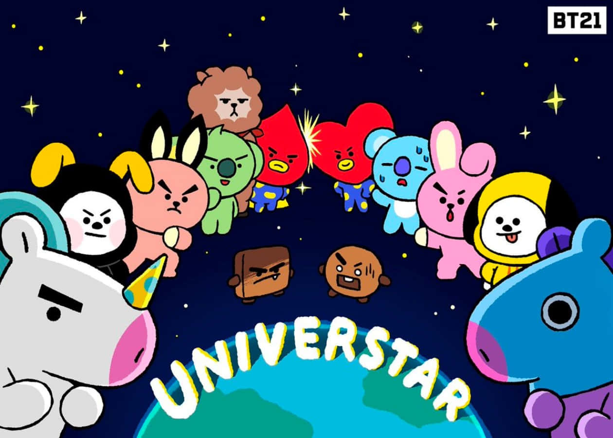 BT21角色在太空圍繞行星，帶有'UNIVERSTAR'文字。