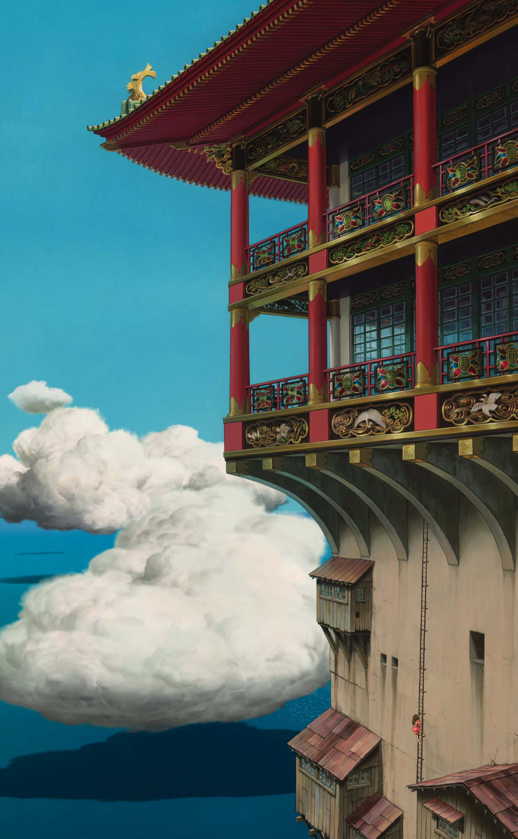 享受Ghibli色彩繽紛的寧靜世界 壁紙 — 一座雄偉的紅金色傳統中國寶塔漂浮在蓬鬆的白雲之上，背景是清澈的藍天。