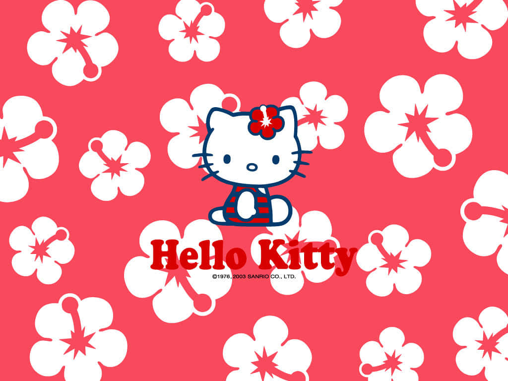 Hello Kitty 卡通角色在粉紅色櫻花背景上戴著紅色蝴蝶結和條紋圍巾。