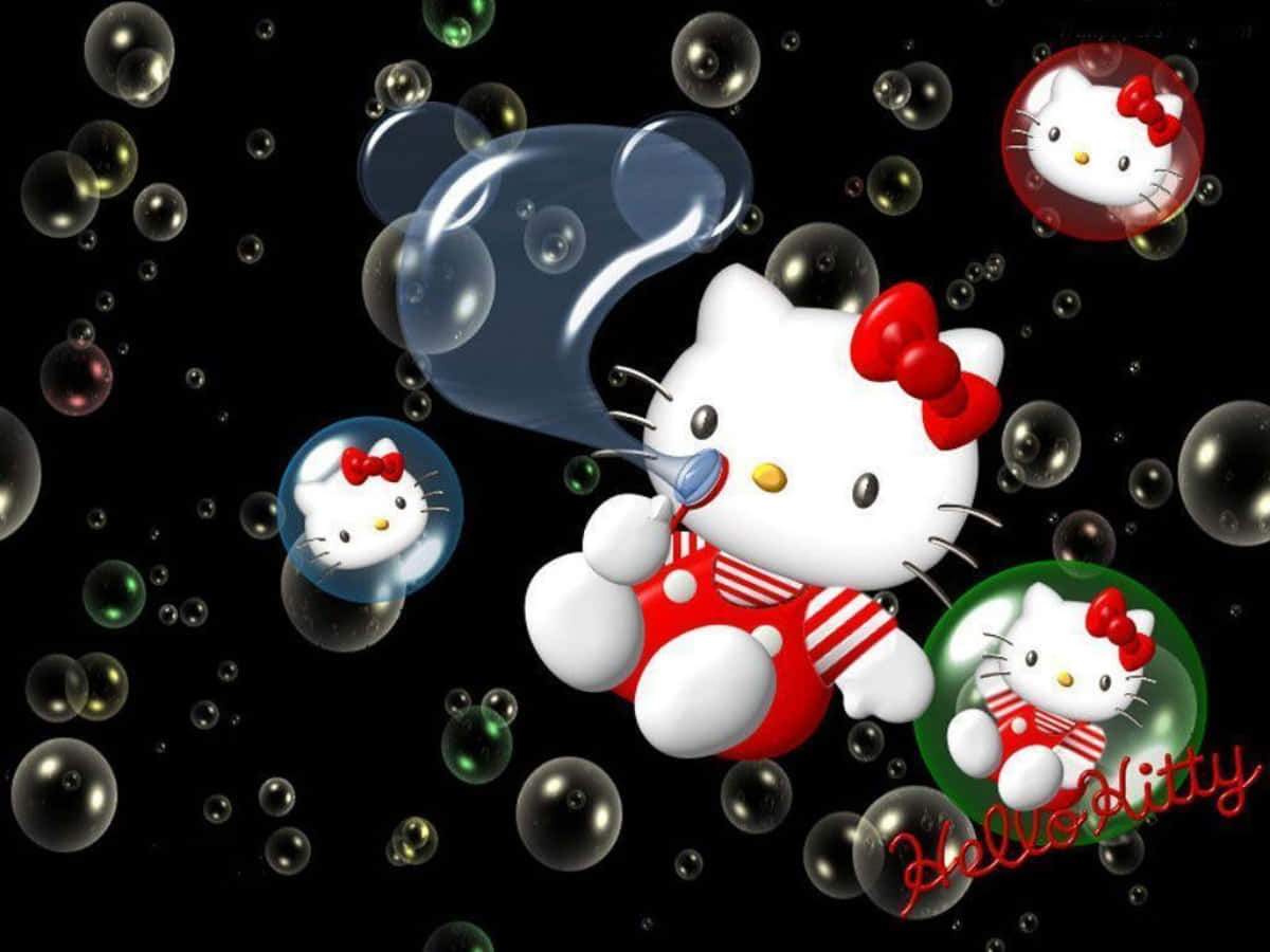 Hello Kitty 在充滿彩色泡泡的玩樂場景中吹泡泡。