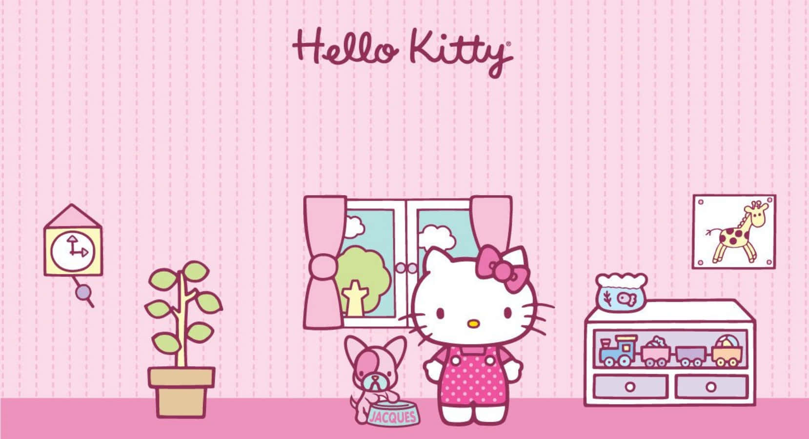 Hello Kitty 喺粉紅色房間，有玩具同窗戶，窗外有樹同雲。