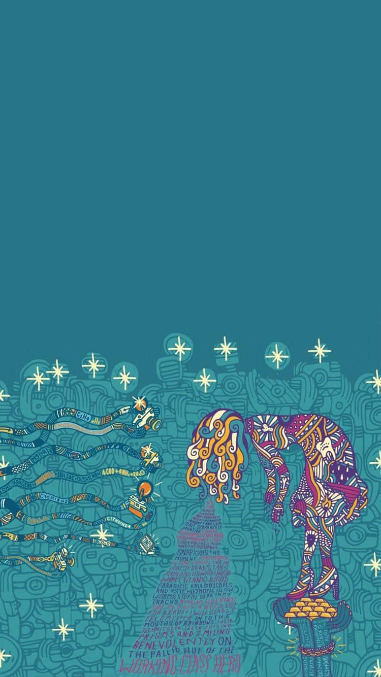 享受iPhone簡約設計的美學 壁紙 — 一個風格化的插圖人物，擁有飄逸的頭髮和複雜的圖案，站在基座上，背景是帶有發光星星和旋轉文字的青色背景。