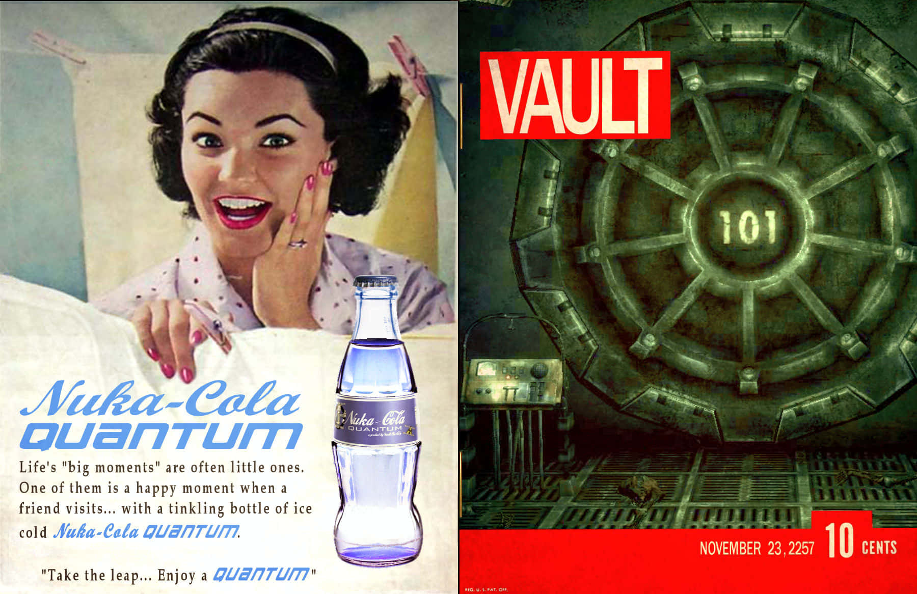 來自Fallout遊戲的Vault 101門旁邊的1950年代Nuka-Cola Quantum廣告。