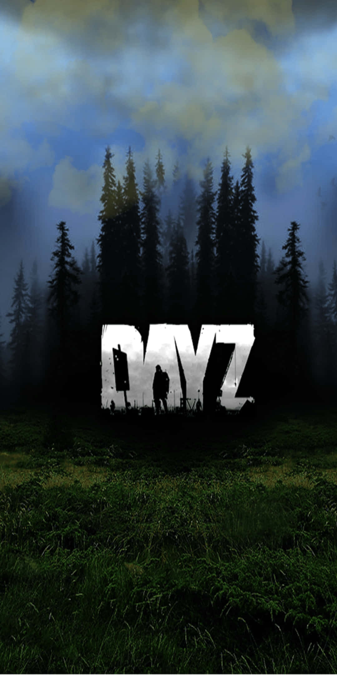 享受Pixel 3 Dayz的自由感 壁紙 — 一個孤獨的身影站在霧氣瀰漫的森林中，在陰雲密布的天空下，面對著發光的「DAYZ」標誌。