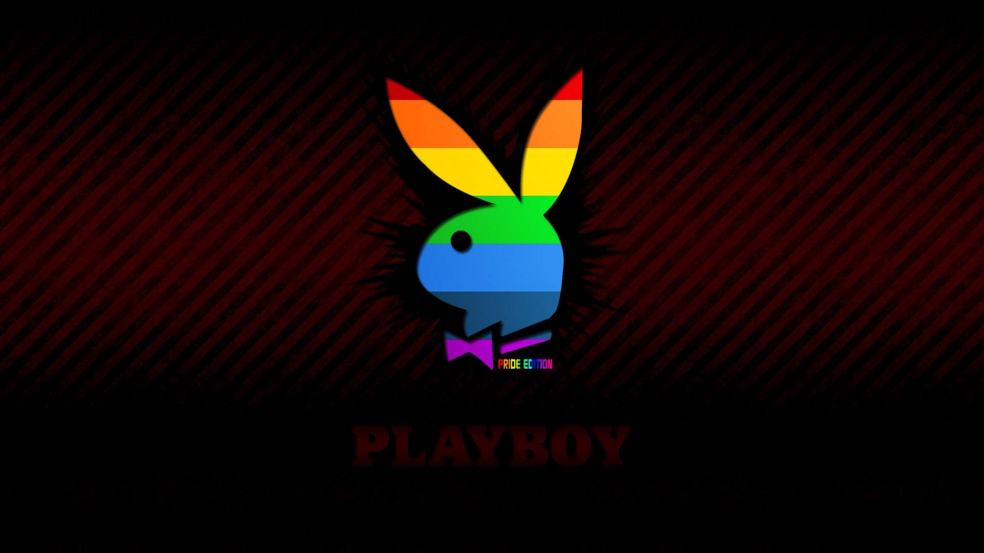 深紅色條紋背景上帶有「Pride Edition」文字的彩虹色Playboy兔子標誌。