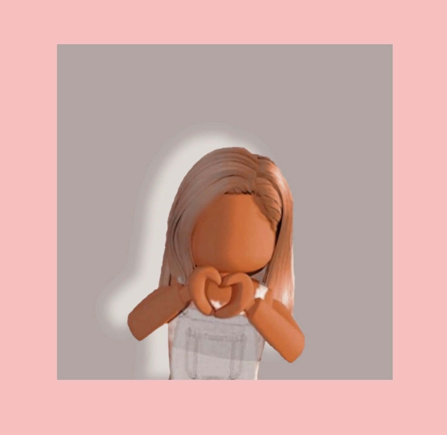 享受Roblox的虛擬世界 壁紙 — 一個Roblox風格、長棕色頭髮的虛擬角色在柔和的粉紅色背景前用手做出心形。