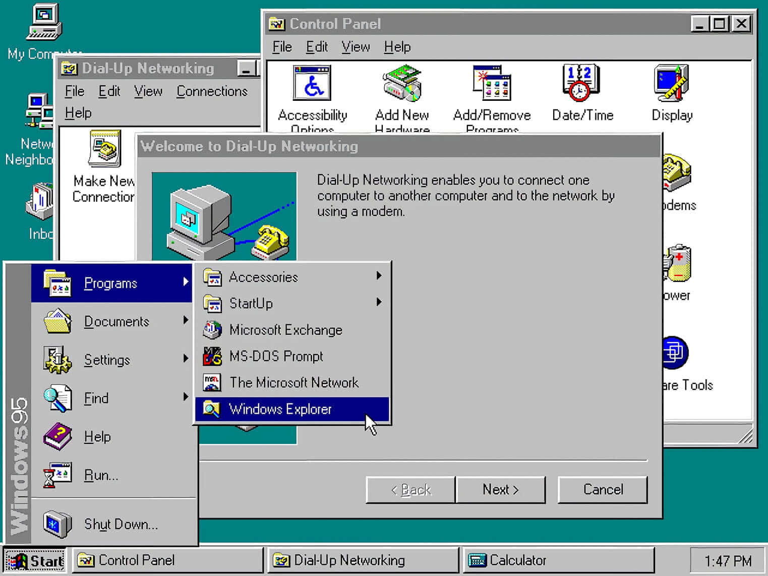 享受Windows 95的自由感 壁紙 — 懷舊的 Windows 95 桌面，顯示撥號網絡設定，帶有經典綠色界面和 1990 年代軟件圖標。