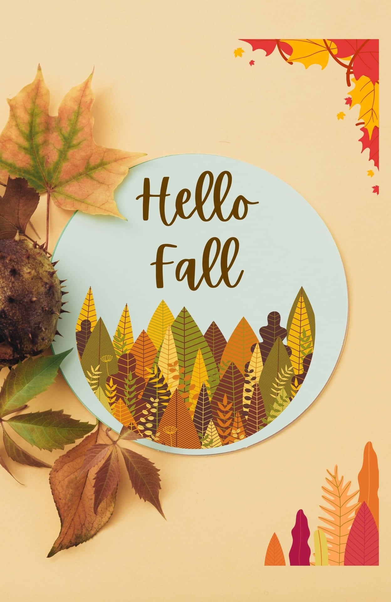 Hello Fall 賀卡，帶有插圖和真實的秋季樹葉，背景為米色。