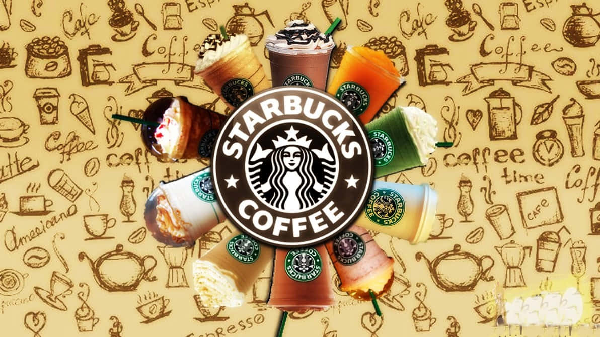 Starbucks 標誌與周圍擺放的各種飲品，背景是咖啡塗鴉。