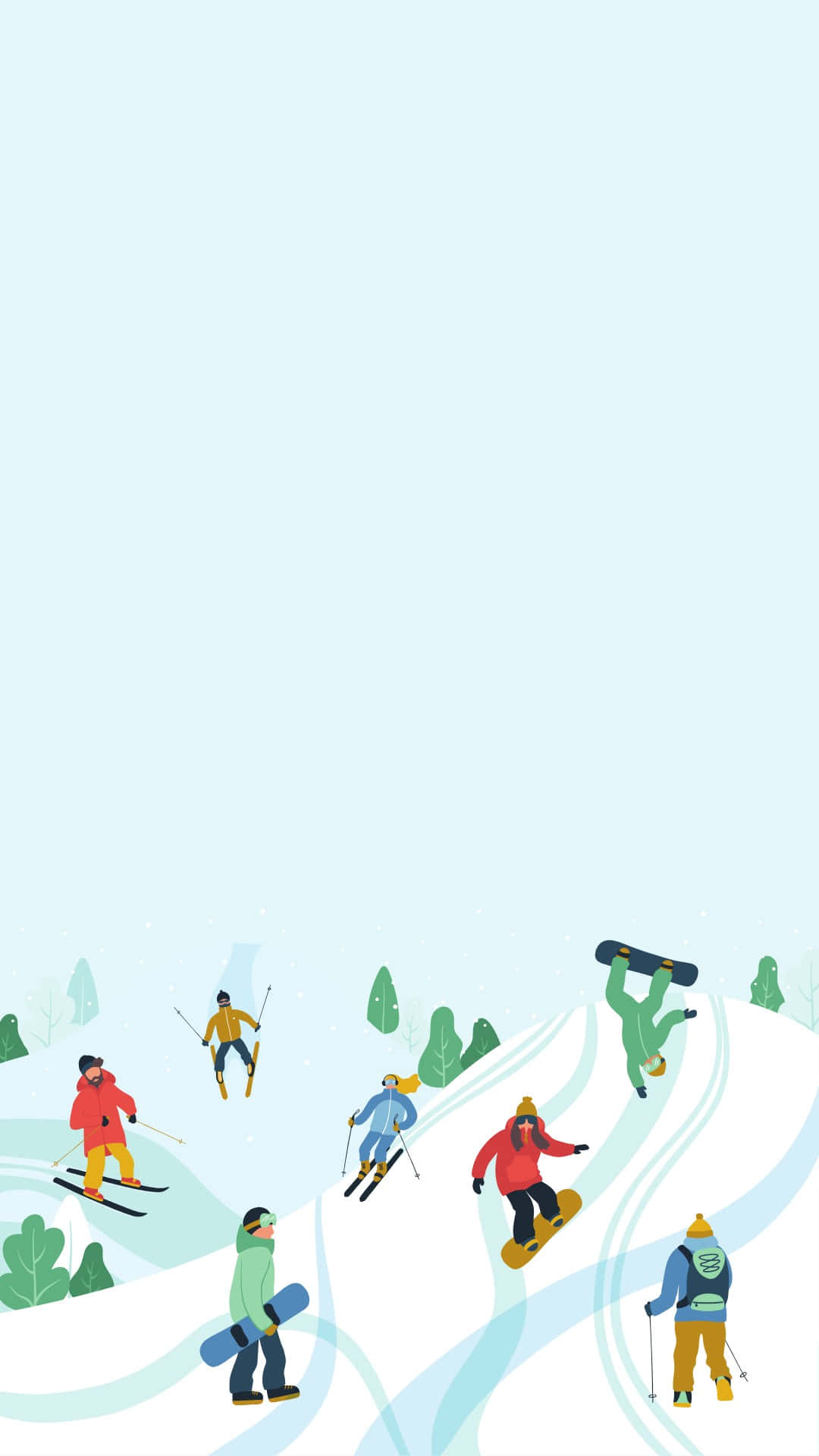 滑雪者和單板滑雪者在有綠色樹木的雪山斜坡上享受樂趣。