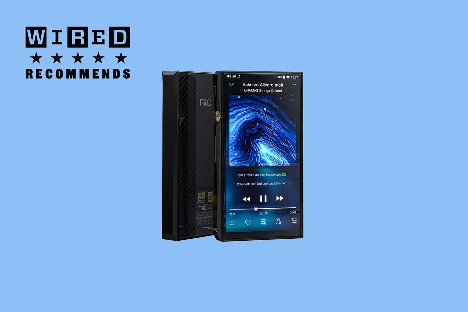 享受你的MP3播放器音樂 壁紙 — 一部時尚的黑色便攜式音樂播放器，屏幕上顯示充滿活力的藍色漩渦抽象壁紙，背景為純淺藍色。