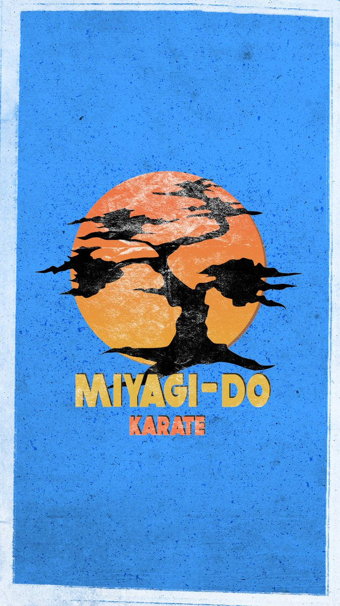 黑色樹影襯托橙色太陽，藍色背景上帶有 Miyagi-Do Karate 文字。